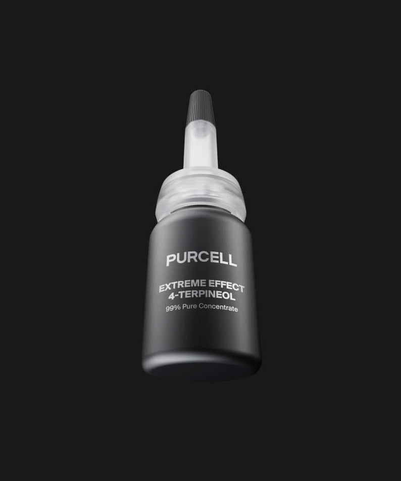 PURCELL Extreme Effect 4-Terpineol 10mL, flacon noir et blanc sur fond sombre, marque PURCELL en gros plan.