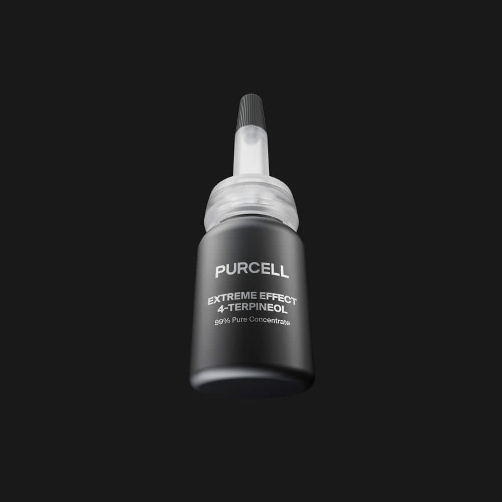 PURCELL Extreme Effect 4-Terpineol 10mL, flacon noir et blanc sur fond sombre, marque PURCELL en gros plan.