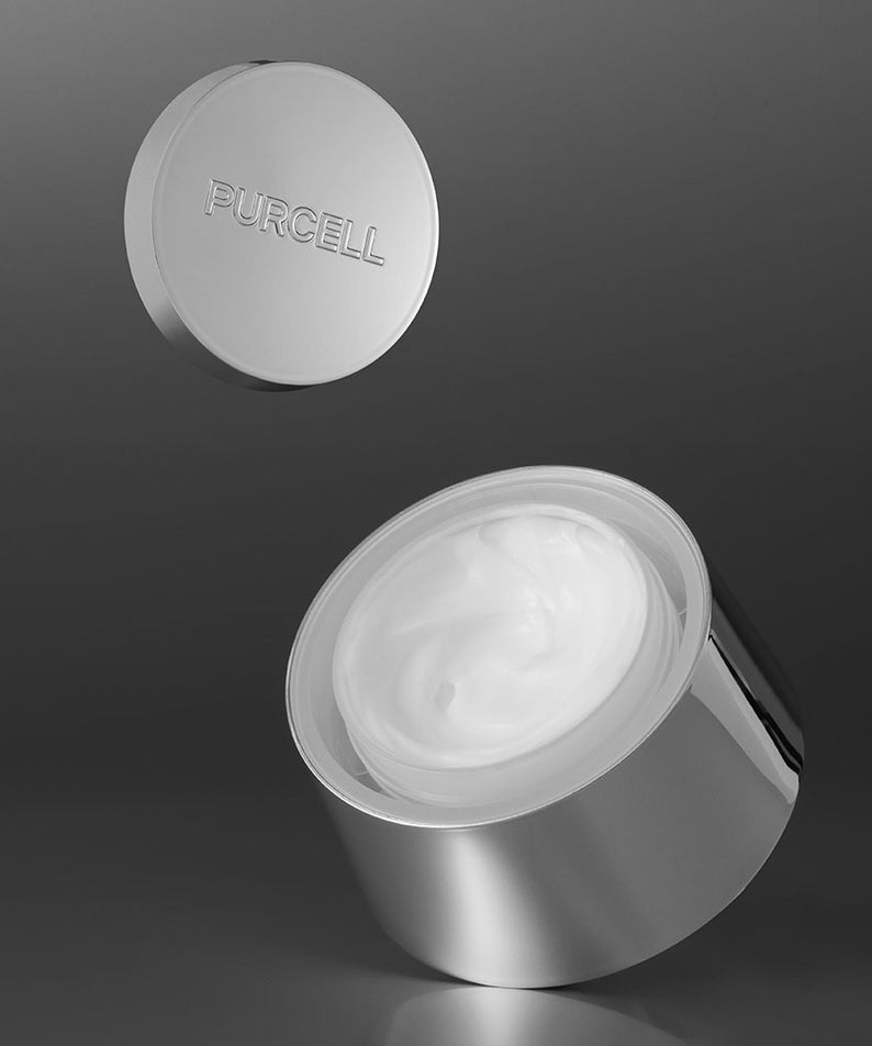 PURCELL PixelBiome™ After-Laser Rebooting Cream 50mL de PURCELL, pot crème blanc ouvert, contexte soin après-laser