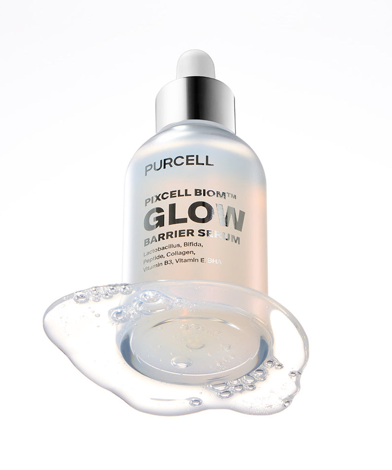 PURCELL PixelBiome™ Glow Barrier Serum 50mL, sérum PURCELL sur fond blanc, gouttes et barrière lumineuse visuelle
