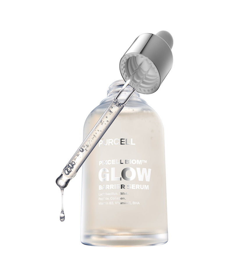 PURCELL PixelBiome™ Glow Barrier Serum 50mL, flacon sérum PURCELL sur fond blanc, gouttes et texture lumineuse