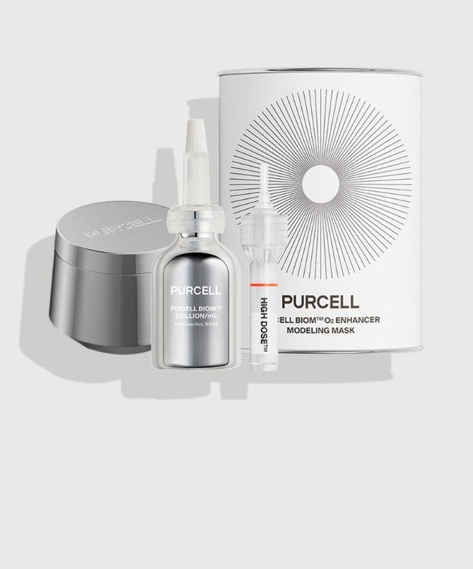 PURCELL PixelBiome Protocol™ 4-piece set de Purcell, flacons et masque sur fond clair, visuel produit.
