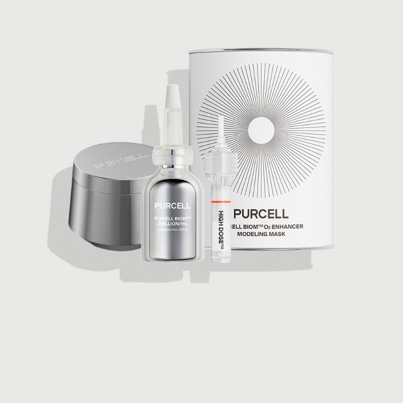PURCELL PixelBiome Protocol™ 4-piece set de Purcell, flacons et masque sur fond clair, visuel produit.
