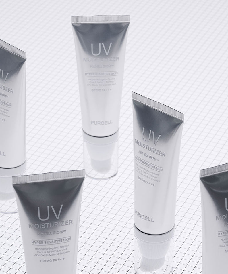 PURCELL PixelBiome™ UV Moisturizer 40mL de PURCELL, tubes UV sur fond quadrillé clair, vue produit.