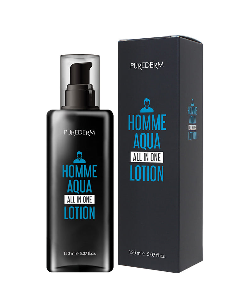 PUREDERM Men's All-in-One Lotion 150ml, photo produit homme sur fond clair avec flacon et boîte, branding PUREDERM