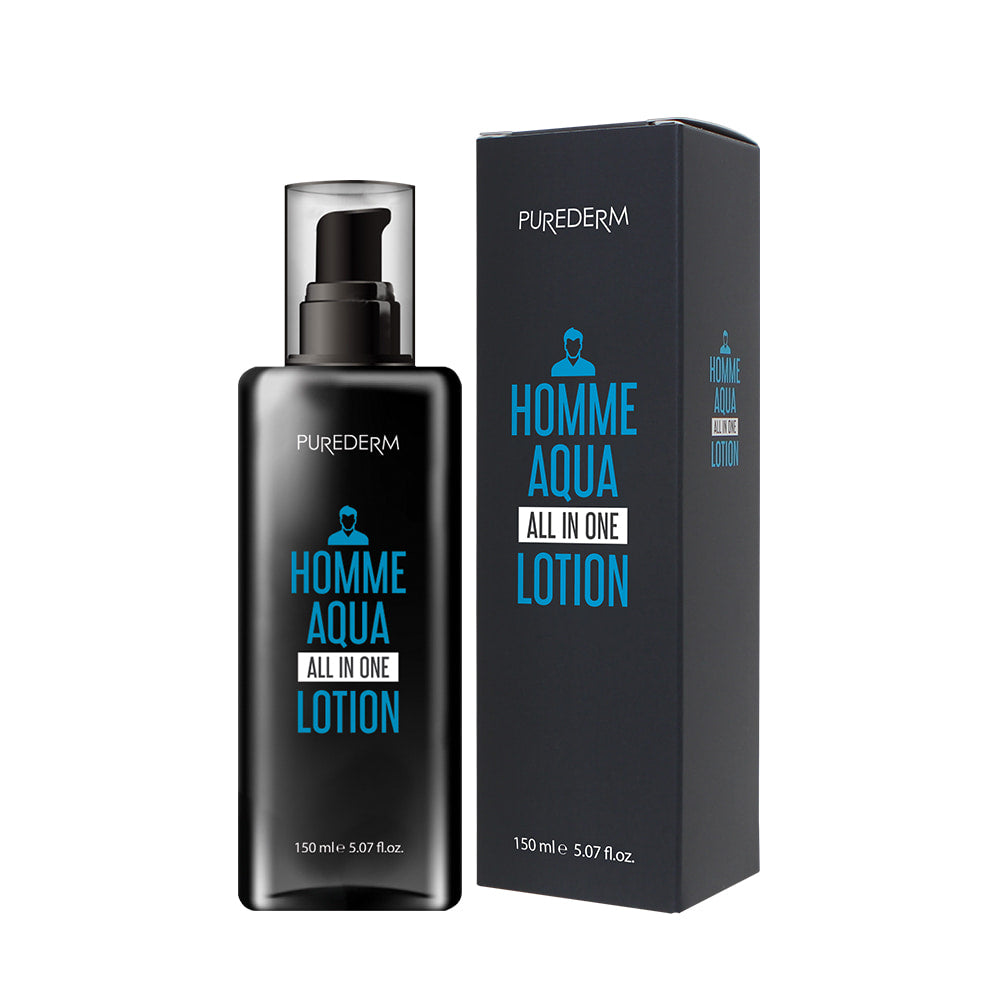 PUREDERM Men's All-in-One Lotion 150ml, photo produit homme sur fond clair avec flacon et boîte, branding PUREDERM