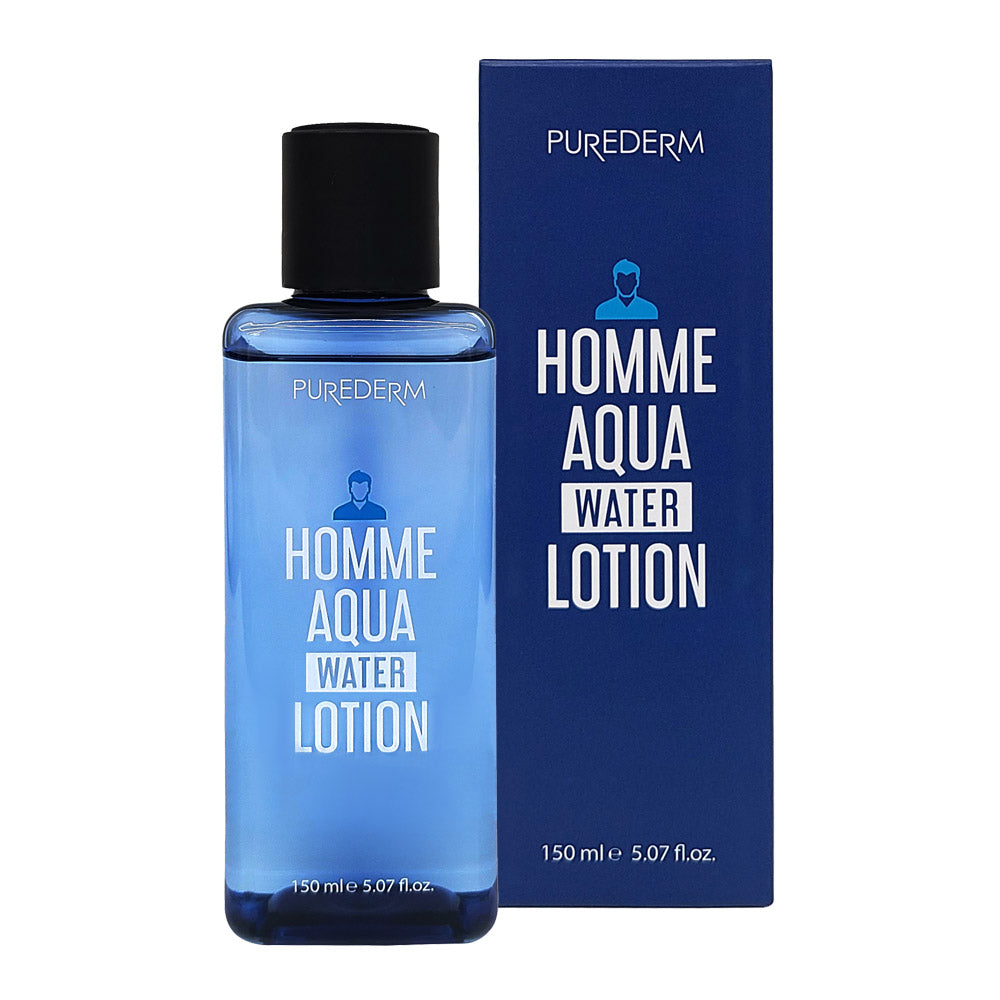 PUREDERM Men's Aqua Water Lotion 150ml, flacon bleu et boîte HOMME AQUA, cosmétique homme sur fond blanc