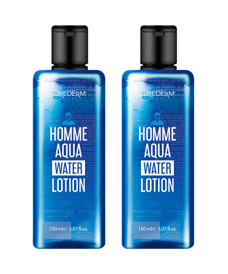 PUREDERM Men's Aqua Water Lotion 150ml, lotion homme bleue en flacon, marque PUREDERM sur fond blanc, image produit.