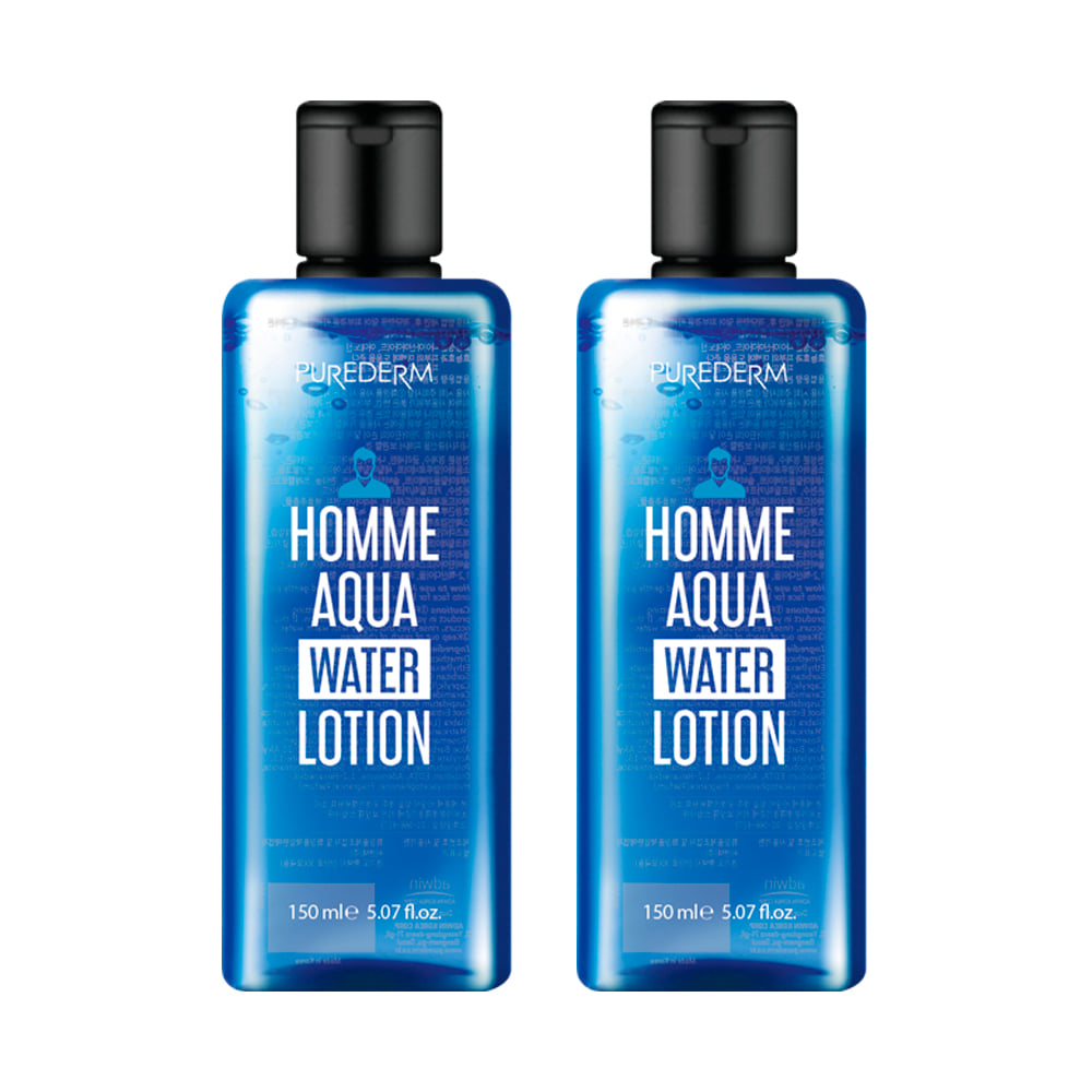 PUREDERM Men's Aqua Water Lotion 150ml, lotion homme bleue en flacon, marque PUREDERM sur fond blanc, image produit.