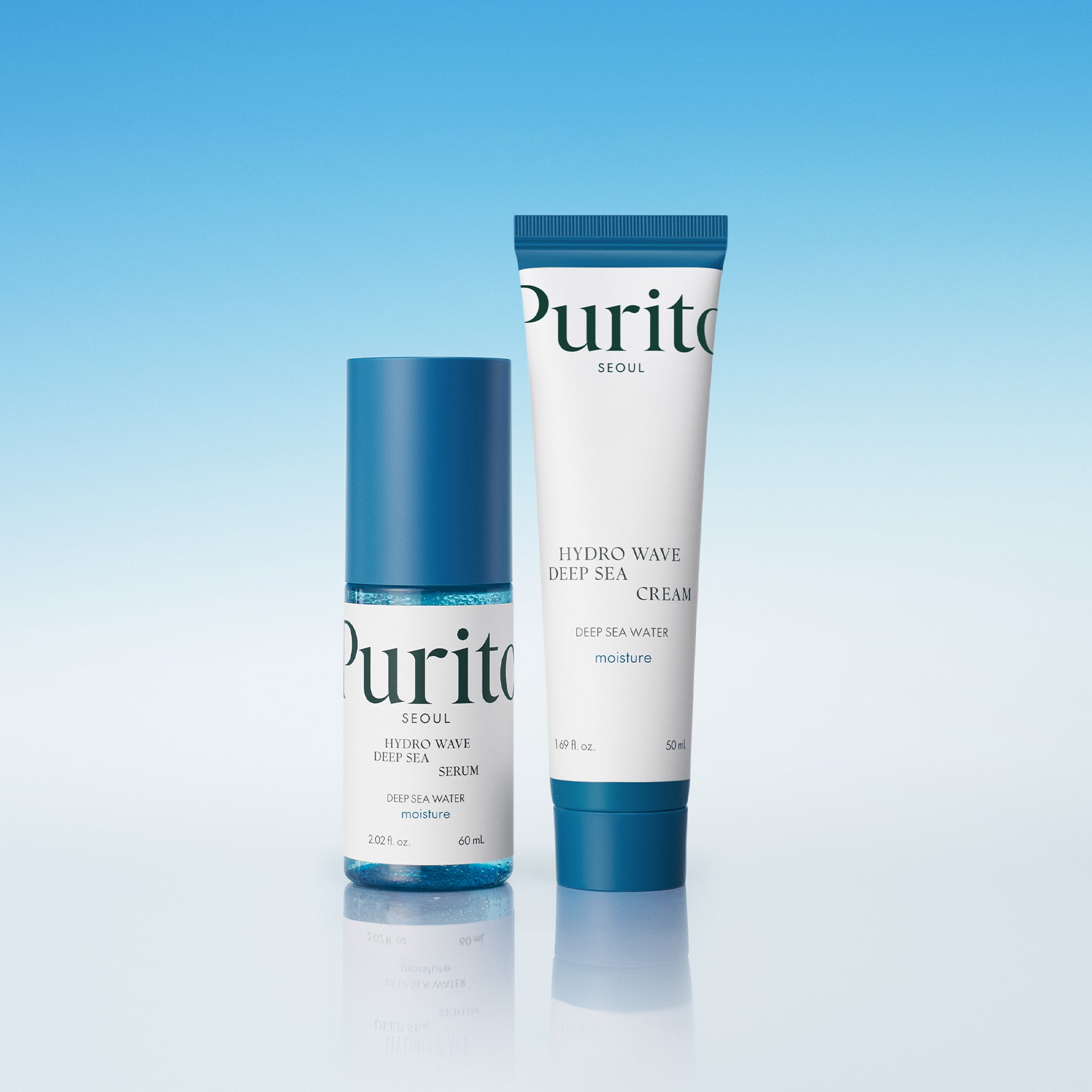 Décris l'image en français en mentionnant le produit, la marque et le contexte visuel : PURITO Hydro Wave Deep Sea Serum 60ml