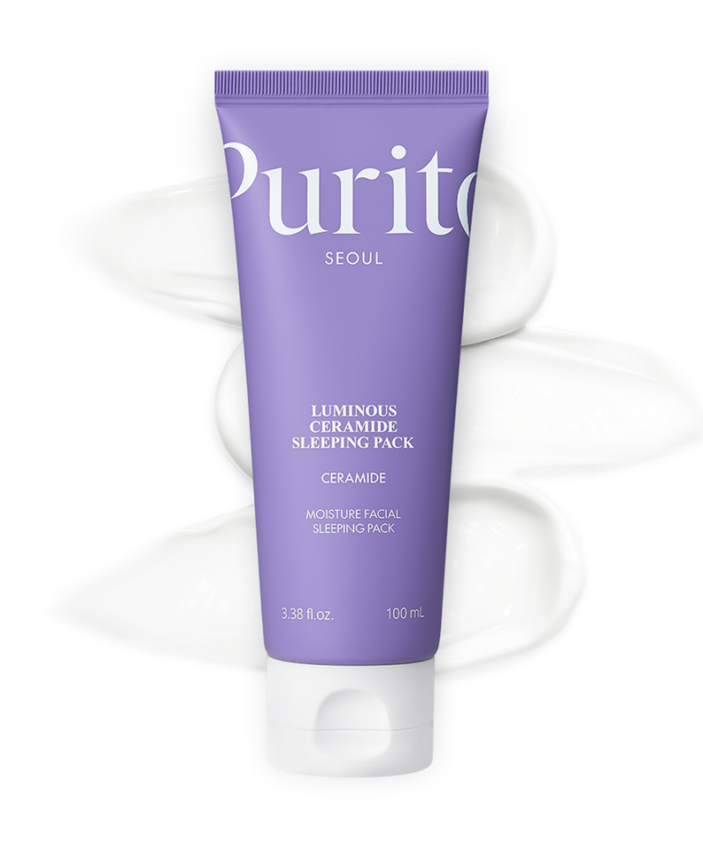 PURITO Luminous Ceramide Sleeping Pack, tube cosmétique violet de la marque Purito sur fond blanc en studio.