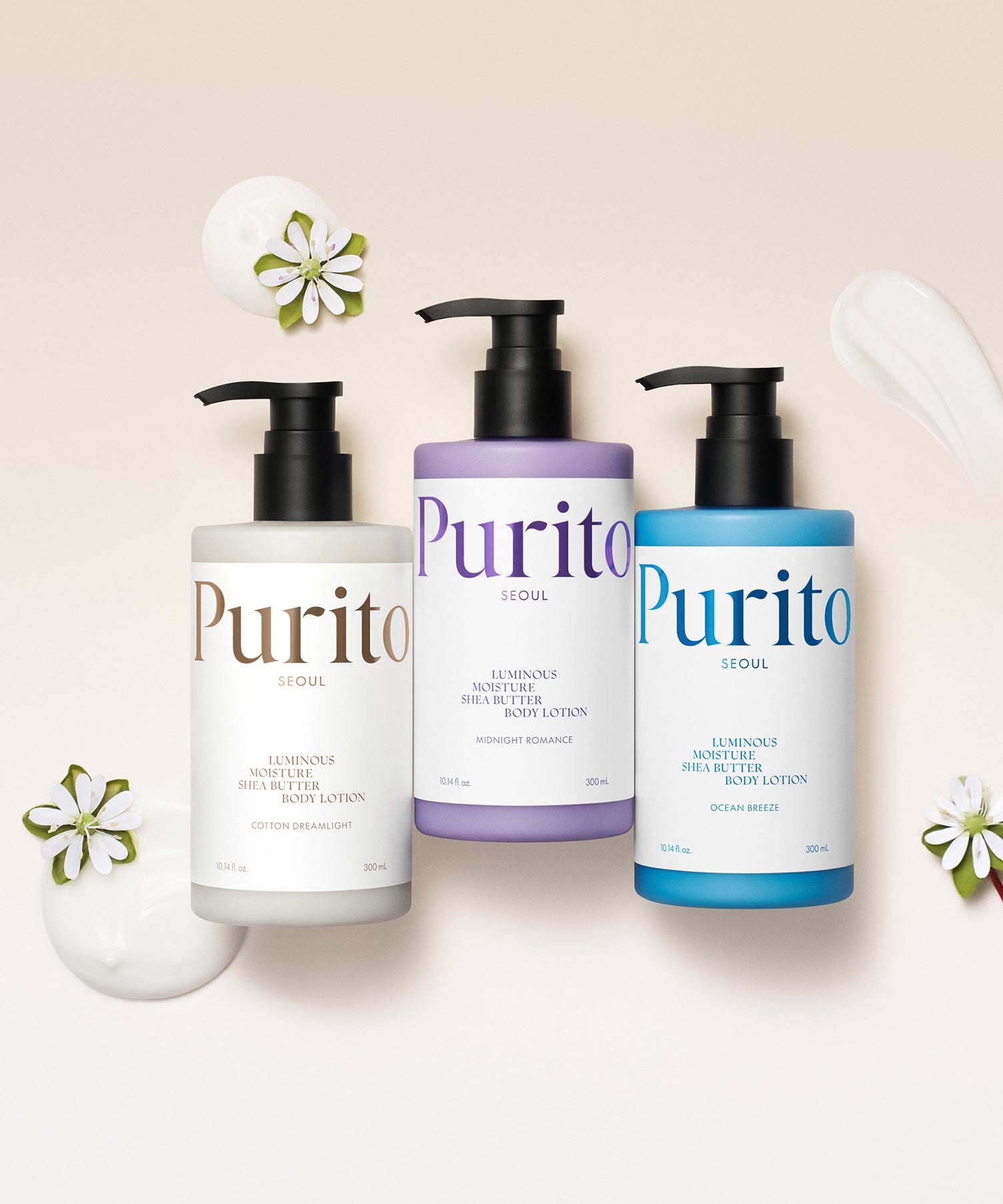 PURITO Luminous Moisture Shea Butter Body Lotion 300ml, lotion corps PURITO, flacons sur fond clair, décor floral