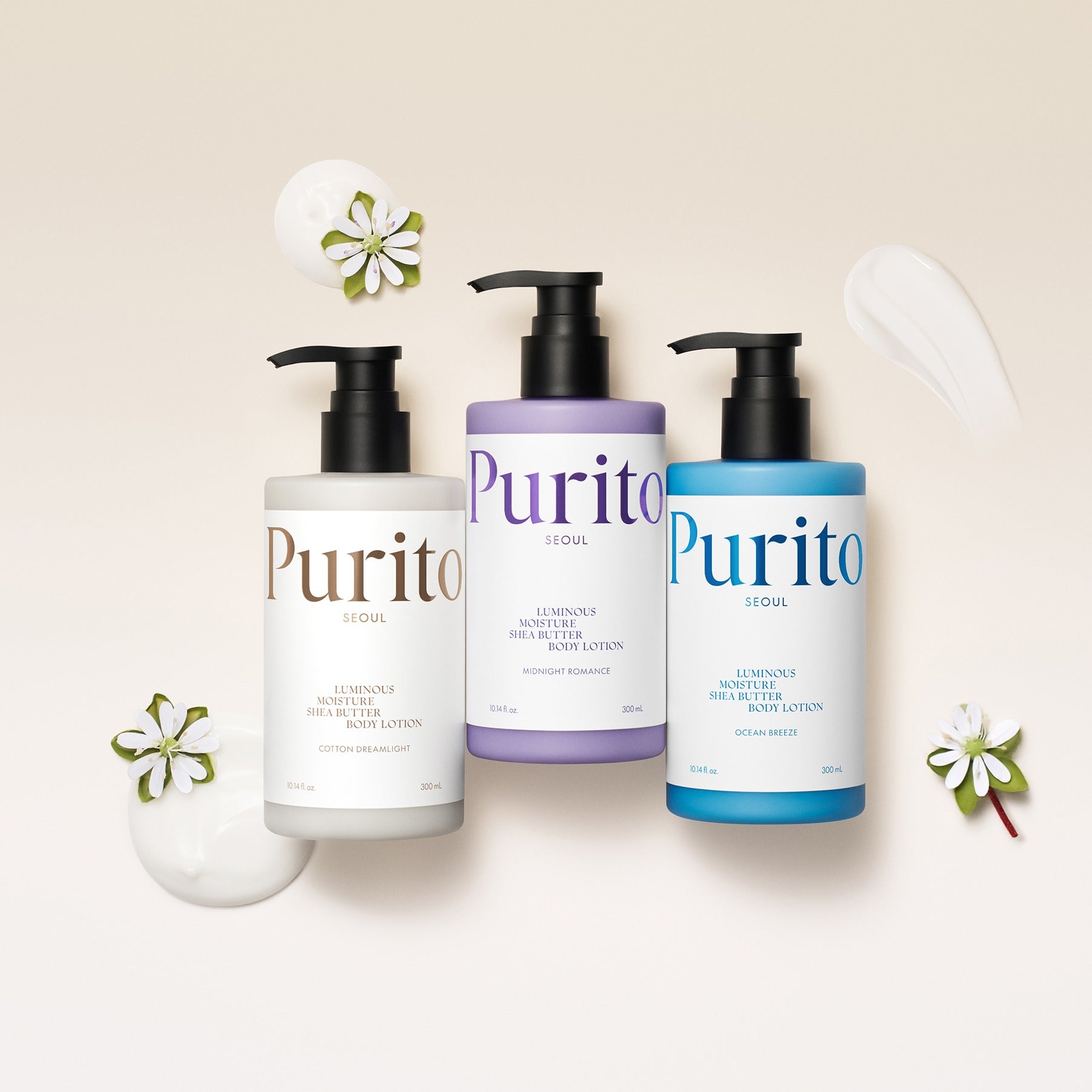 PURITO Luminous Moisture Shea Butter Body Lotion 300ml, lotion corps PURITO, flacons sur fond clair, décor floral