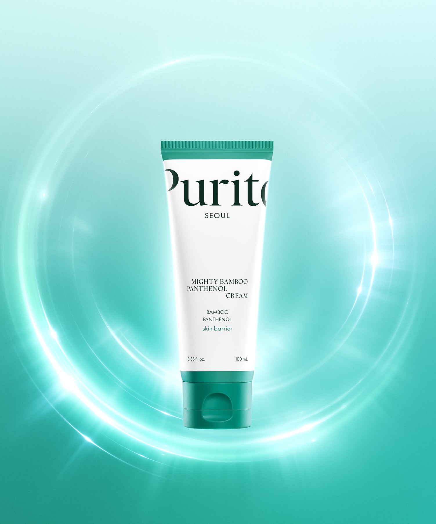 PURITO Mighty Bamboo Panthenol Cream 100ml, tube PURITO sur fond turquoise avec halos lumineux, flacon cosmétique