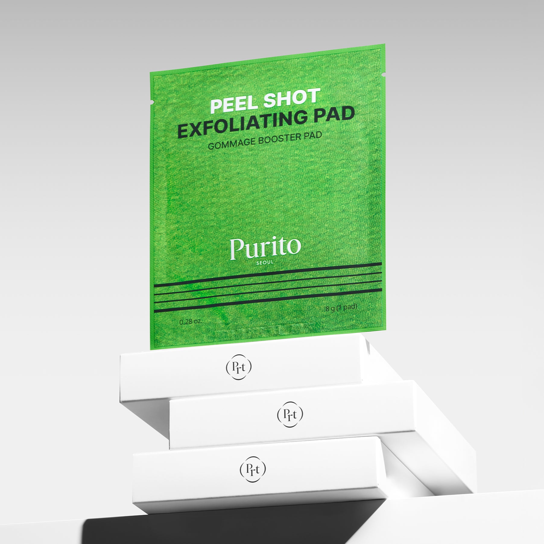 PURITO Peel Shot Exfoliting Pad 64g 8 Pads, coffret vert sur fond blanc, gros plan du produit Purito.