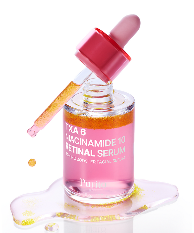 PURITO Tranexamic Acid 6 Niacinamide 10 Retinal Serum 30ml de Purito, flacon rouge sur fond blanc, gouttes et texture.