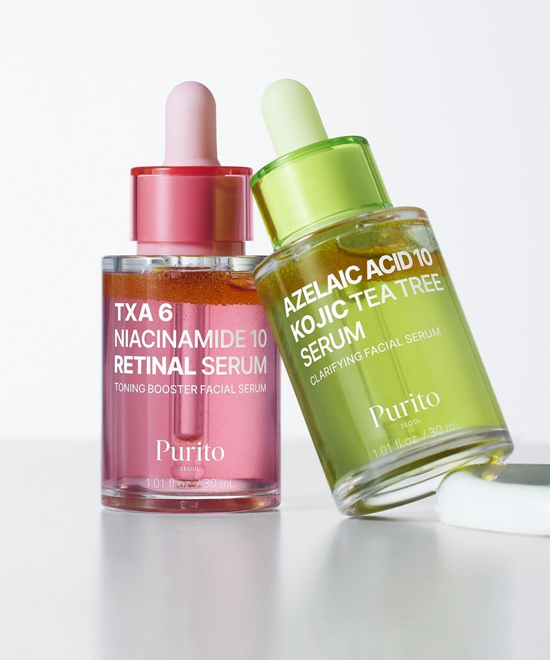 PURITO Tranexamic Acid 6 Niacinamide 10 Retinal Serum 30ml de Purito, flacons rose et vert sur fond blanc, contexte beauté