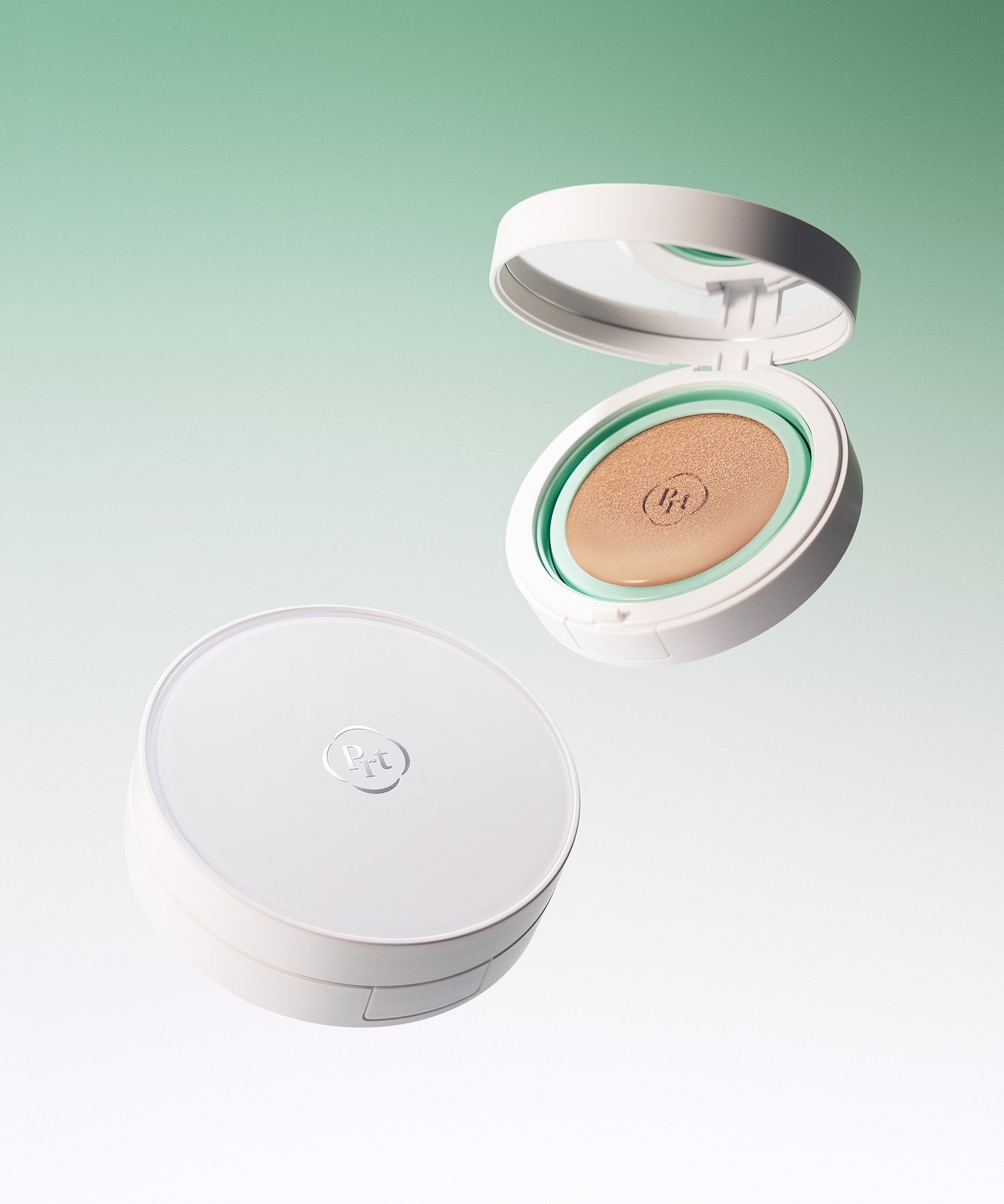 PURITO Wonder Releaf Celtella BB Cushion 15g, boîtier ouvert sur fond vert clair, texture crème et marque PURITO