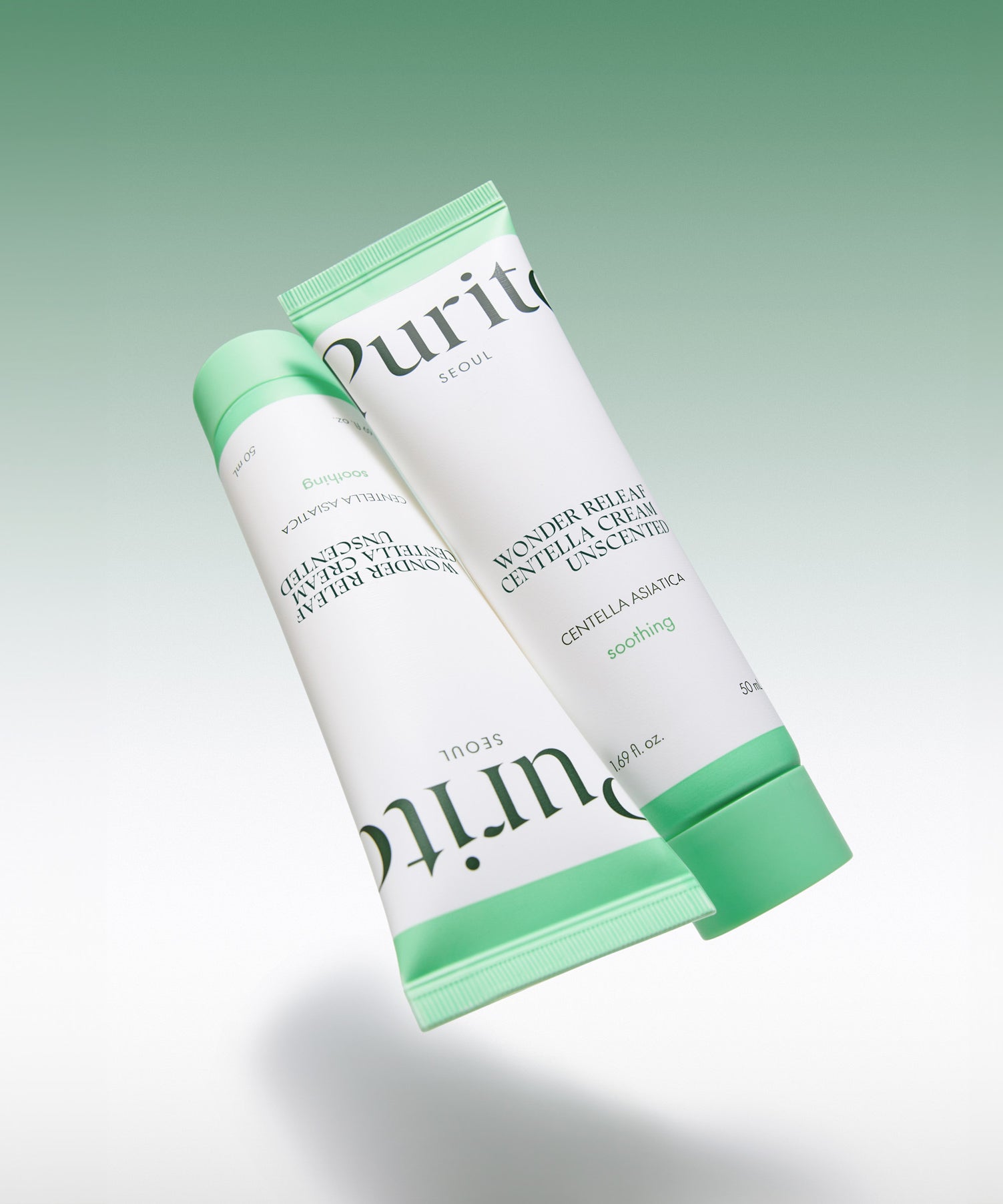 PURITO Wonder Releaf Centella Cream Unscented 50ml de la marque PURITO, tube vert sur fond clair, photo produit.