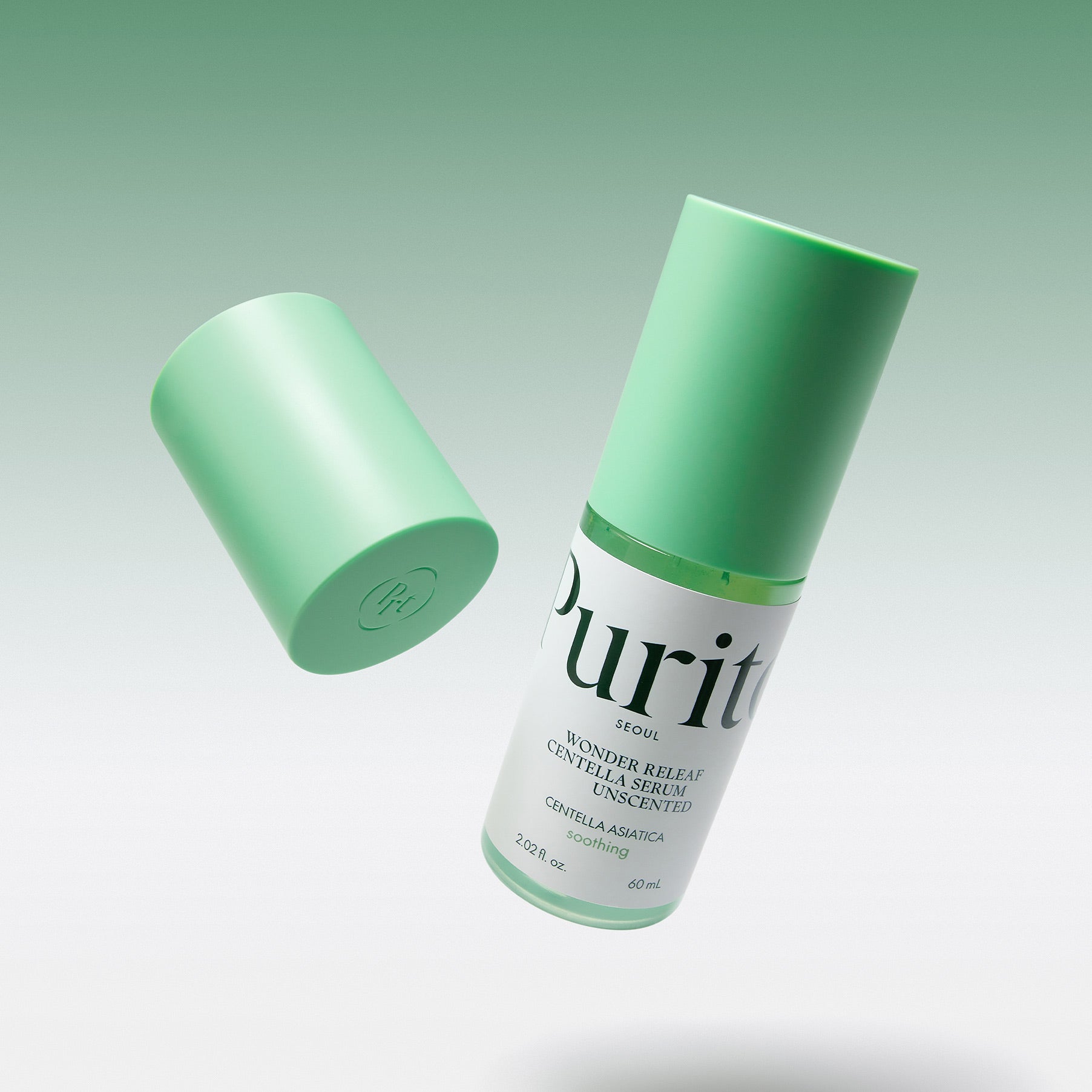 PURITO Wonder Releaf Centella Serum Unscented 60ml, sérum centella PURITO en flacon vert, sur fond blanc, photo produit.