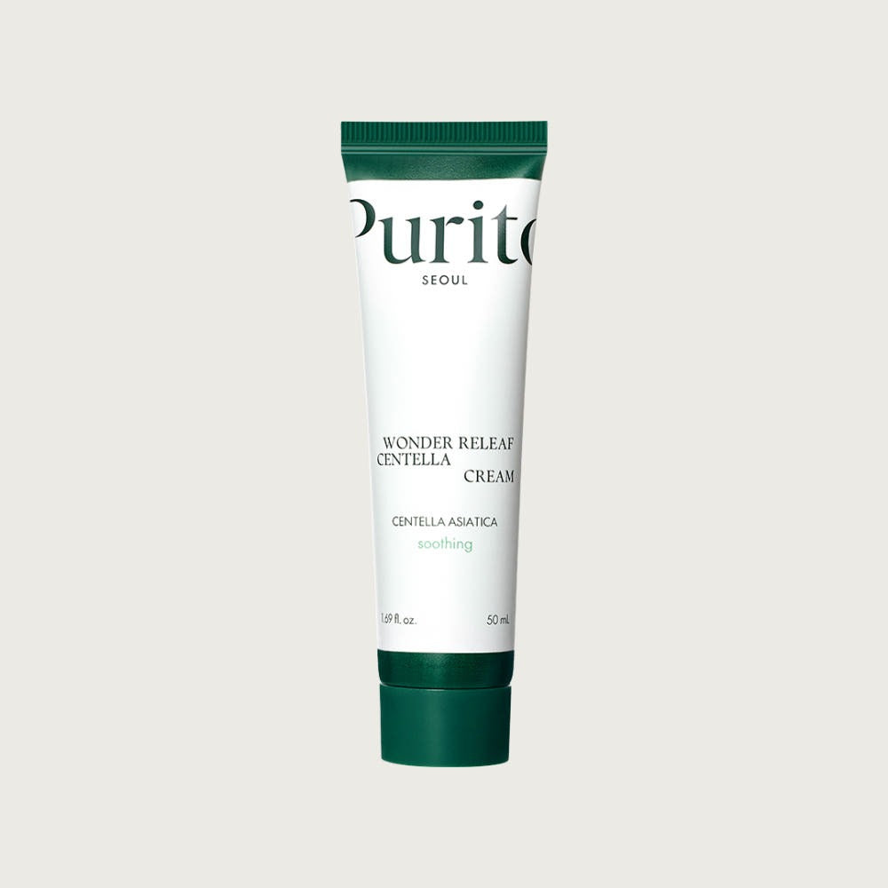 PURITO Wonder Relief Centella Cream de PURITO, tube crème vert et blanc sur fond clair, visuel produit