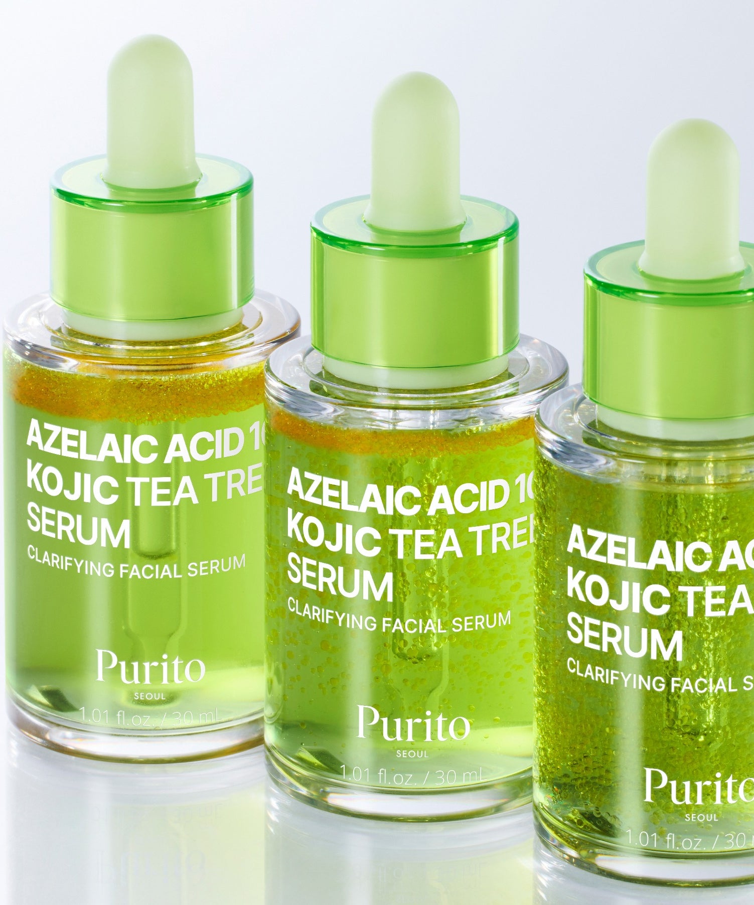 Flacons de sérum PURITO Azelaic Acid 10 Kojic Tea Tree Serum 30ml avec pipette verte, traitement facial clarifiant.