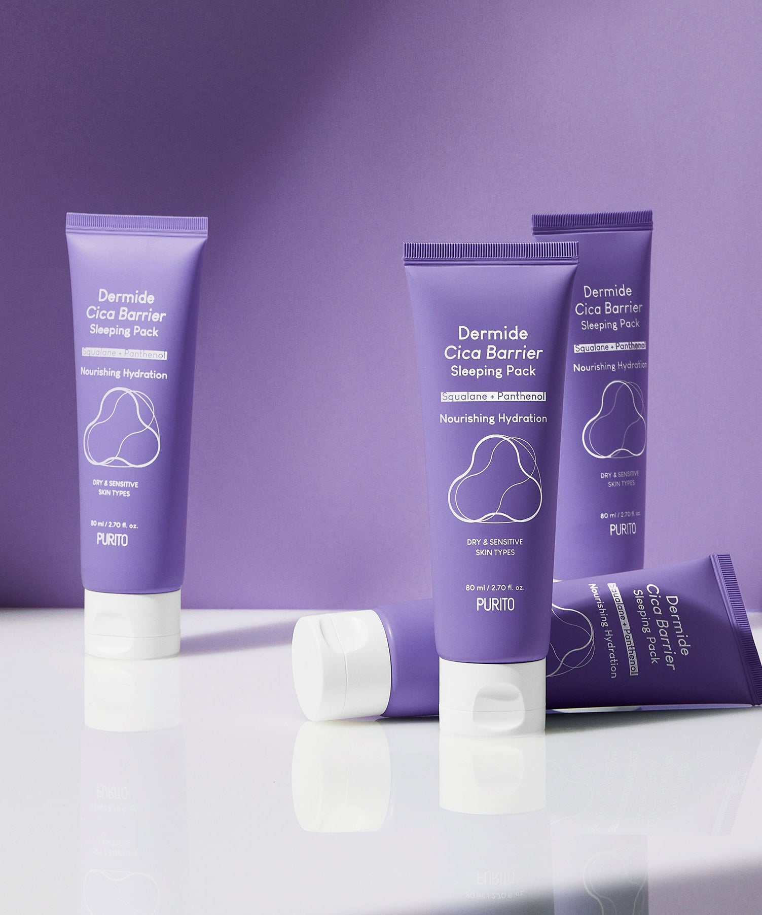 PURITO Dermaid Cica Barrier Sleeping Pack 80ml sur fond violet, soin hydratant de nuit apaisant pour la peau sensible.