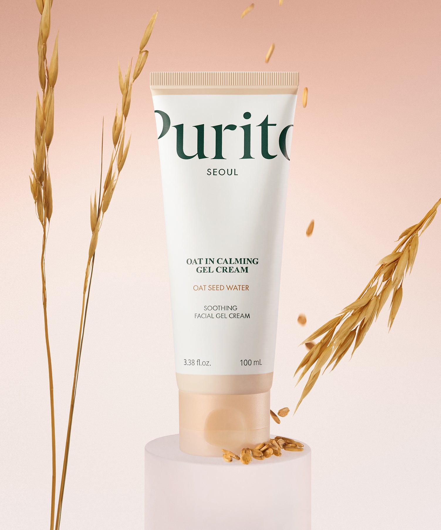 Crème PURITO Seoul Oat Calming Gel 100ml apaisante avec extrait d'avoine, soin visage hydratant sur fond beige.