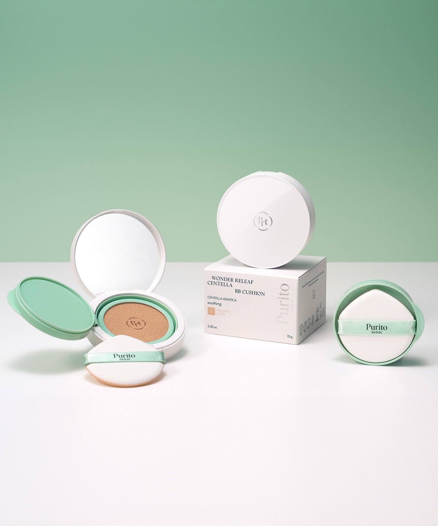 PURITO Wonder Relief Celtella BB Cushion 15g sur fond vert, disponible en présentation élégante, idéal pour un teint parfait.