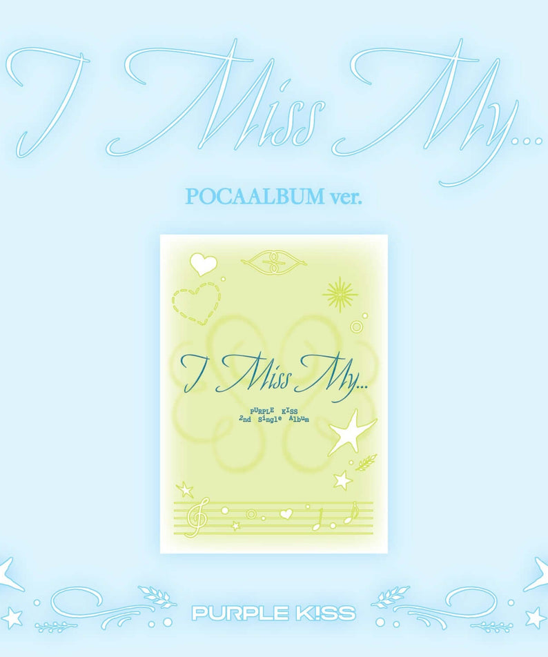 PURPLE KISS - 2nd Album [I Miss My...] (POCA ver.) - album Kpop, visuel bleu clair avec pochette et étoiles, marque PURPLE KISS
