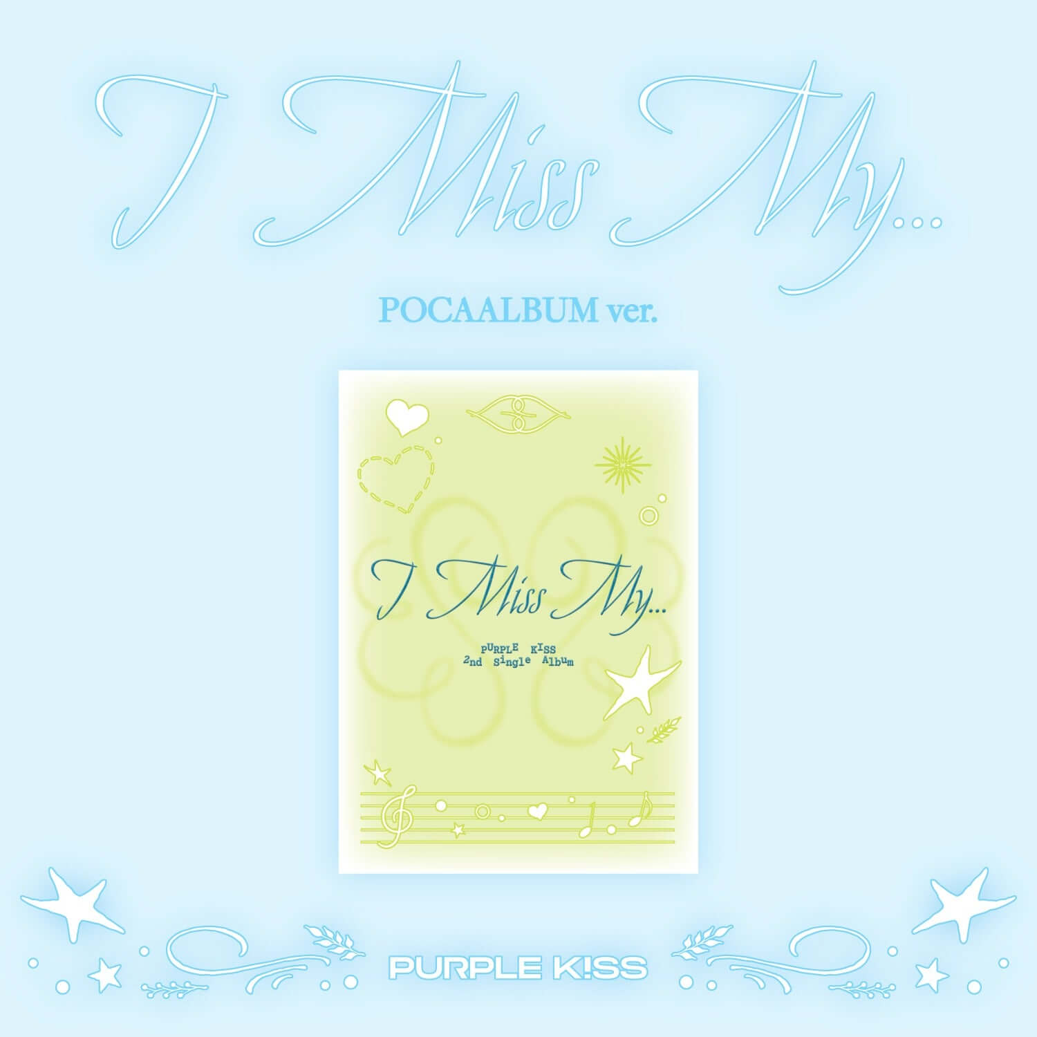 PURPLE KISS - 2nd Album [I Miss My...] (POCA ver.) - album Kpop, visuel bleu clair avec pochette et étoiles, marque PURPLE KISS