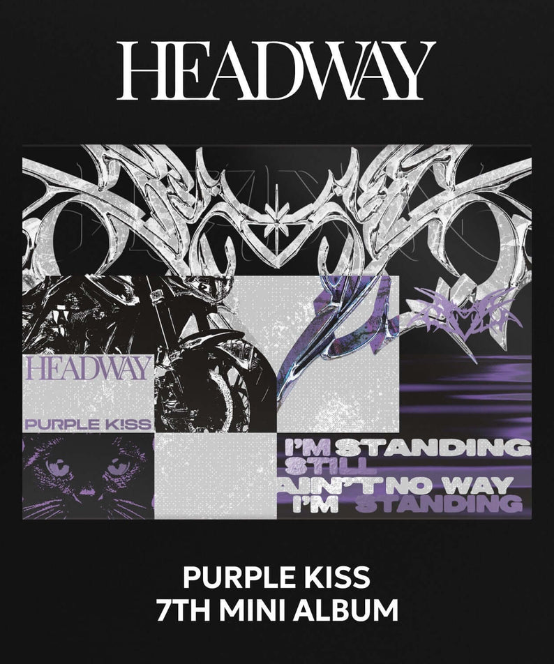 PURPLE KISS - 7th Album [HEADWAY] - Album Kpop, pochette noir et violet, visuels graphiques HEADWAY et PURPLE KISS