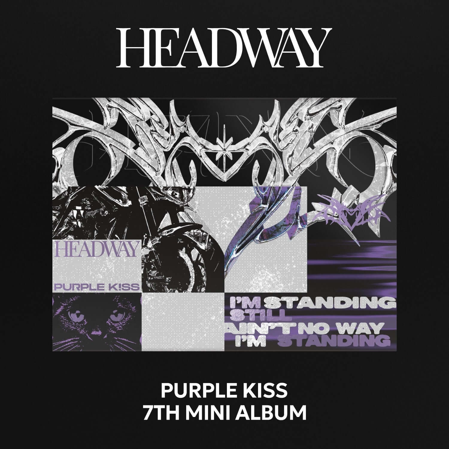 PURPLE KISS - 7th Album [HEADWAY] - Album Kpop, pochette noir et violet, visuels graphiques HEADWAY et PURPLE KISS