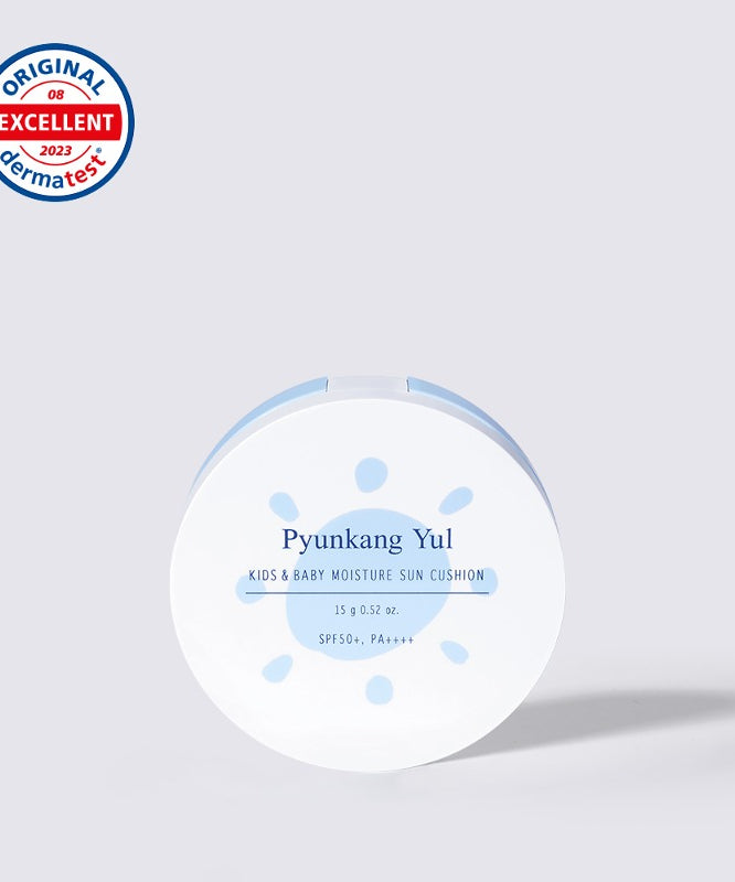 PYUNGKANG YUL Kids & Baby Moisture Sun Cushion SPF50+ PA++++ 15g, produit crème solaire bébé en boîtier blanc, marque Pyunkang Yul