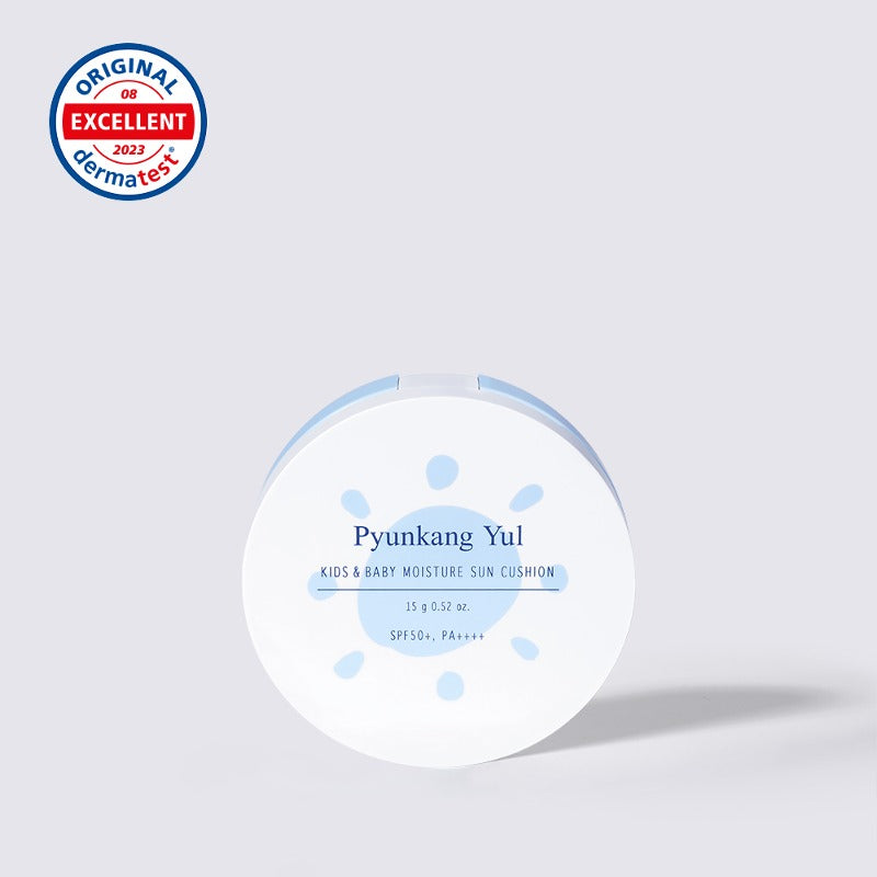 PYUNGKANG YUL Kids & Baby Moisture Sun Cushion SPF50+ PA++++ 15g, produit crème solaire bébé en boîtier blanc, marque Pyunkang Yul