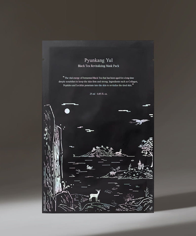 Emballage du PYUNKANG YUL Black Tea Revitalizing Mask Pack 10 Pieces, masque visage revitalisant au thé noir.