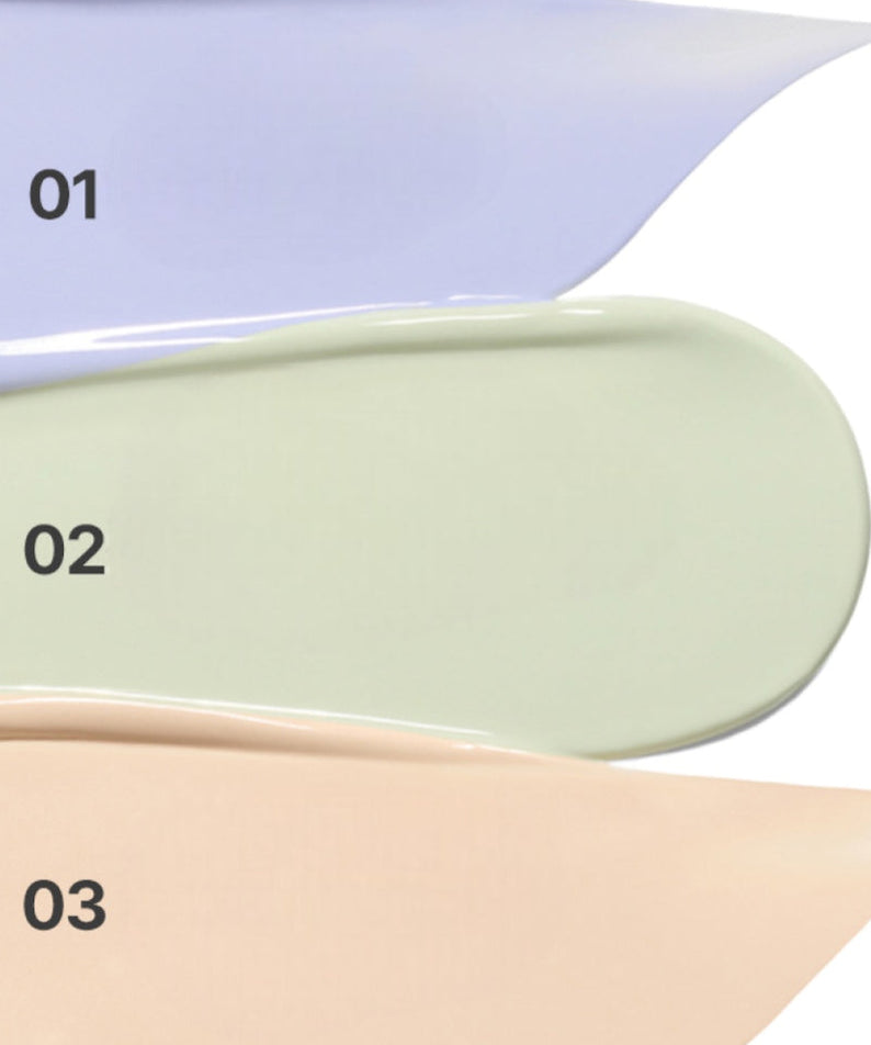 INNISFREE Light Fitting Makeup Base 30ml, flacon en arrière-plan pastel, marques et couleurs de teintes sur image maquillage