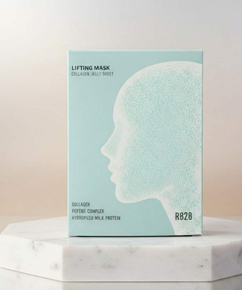 R828 Lifting Mask Pack (5 pieces) : boîte bleue “R828” sur socle marbre, masque feuille pour soins lifting