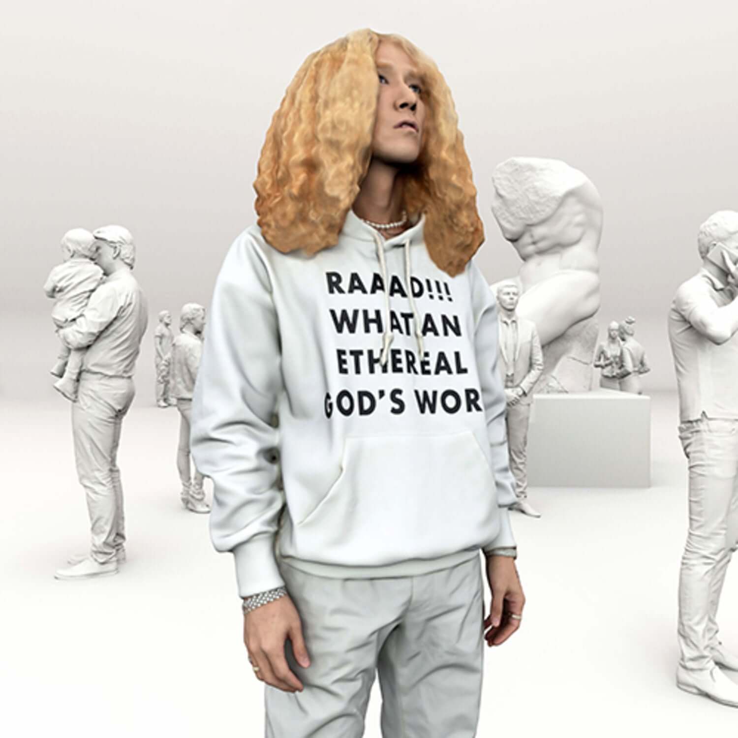 RAD MUSEUM - 1st Album [RAD] - Album Kpop, visuel studio avec figurines blanches et membre RAD MUSEUM en hoodie