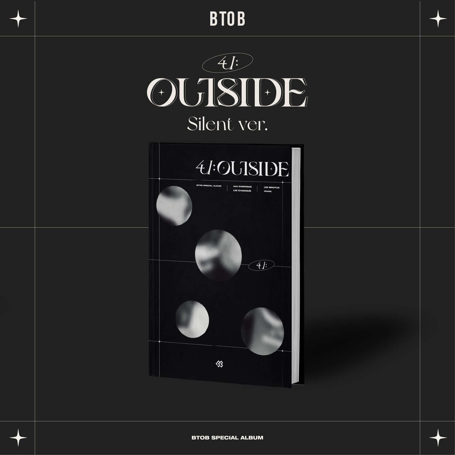 RAIN - [4U : OUTSIDE (Silent ver.) ] - Album Kpop, couverture noire BTOB, ambiance élégante et étoiles, produit en gros plan.
