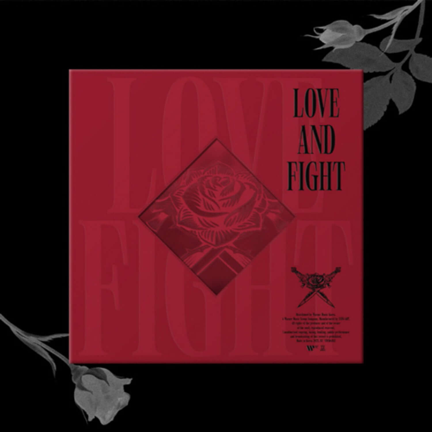 RAVI - [LOVE&FIGHT] - Album Kpop : pochette rouge sombre avec fleurs, typographie LOVE AND FIGHT, ambiance love&fight.