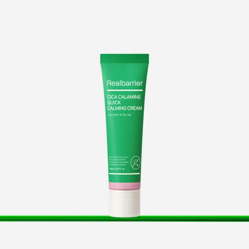 REAL BARRIER Cica Calamine Quick Calming Cream 30ml de Realbarrier, tube vert sur fond blanc, contexte produit