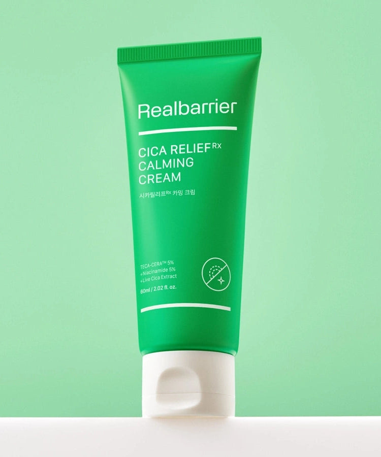 REAL BARRIER Cica Relief Rx Calming Cream 60ml, crème apaisante Realbarrier, tube vert sur fond clair.
