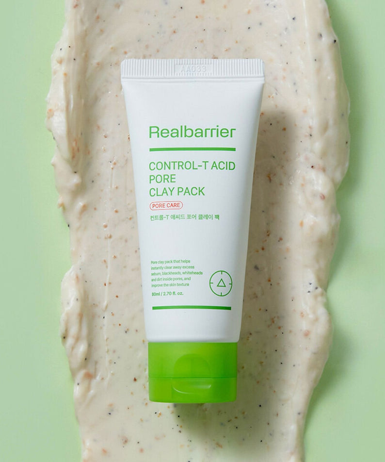 REAL BARRIER Control-T Acid Pore Clay Pack 80ml, tube Realbarrier sur peau texturée verte, pack de soin visage anti-pores