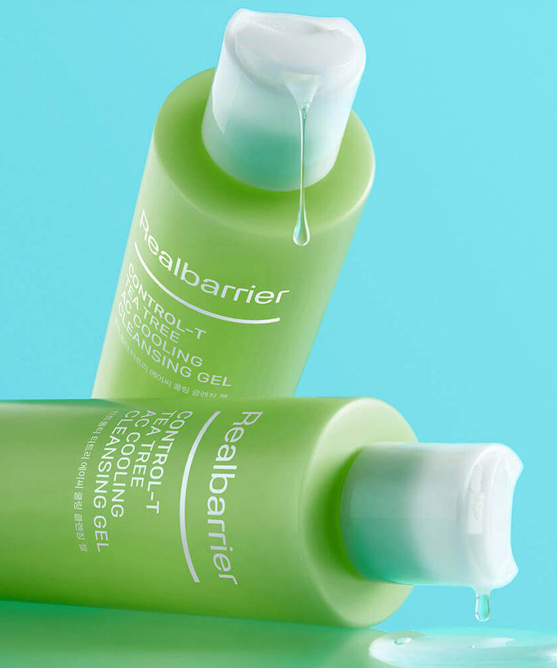 REAL BARRIER Control-T Tea Tree AC Cooling Cleansing Gel 200ml : gel rafraîchissant Décris l'image en français, marque sur flacon vert