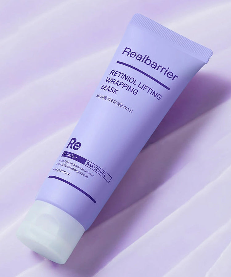 REAL BARRIER Retiniol Lifting Wrapping Mask 80ml, tube ReaIbarrier violet sur fond pastel, effet lifting