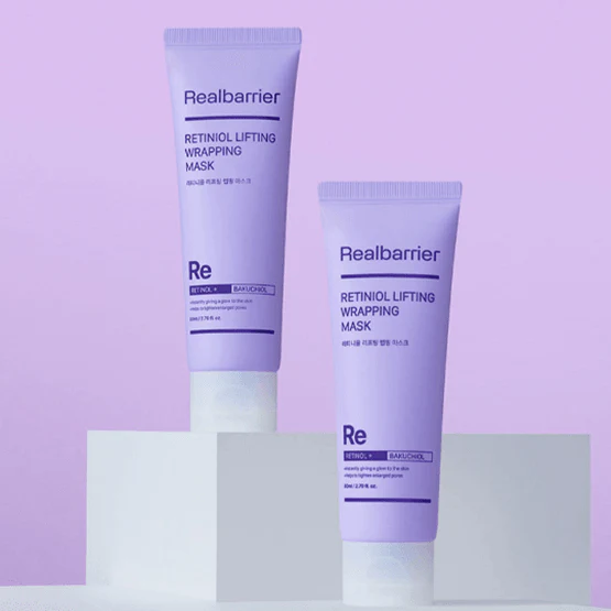REAL BARRIER Retiniol Lifting Wrapping Mask 80ml de la marque Realbarrier, tubes sur fond violet, vue produit