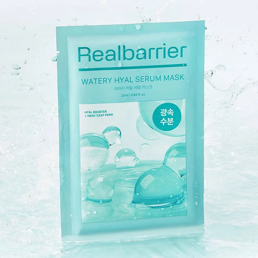 REAL BARRIER Watery Hyal Serum Mask 10 Sheets de la marque Realbarrier, sachet sur fond aquatique, gouttelettes
