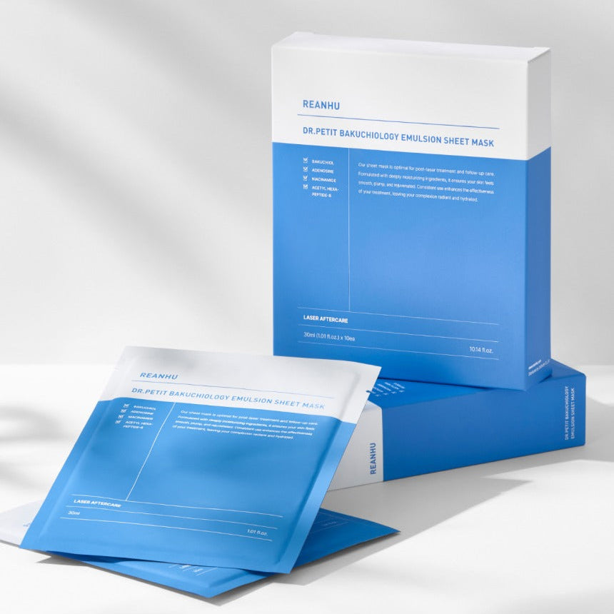 REANHU DR.PETIT Bakuchiol Mask Pack Sheet Mask 10 Sheets, masques en tissu bleus sur fond blanc, boîte et sachets