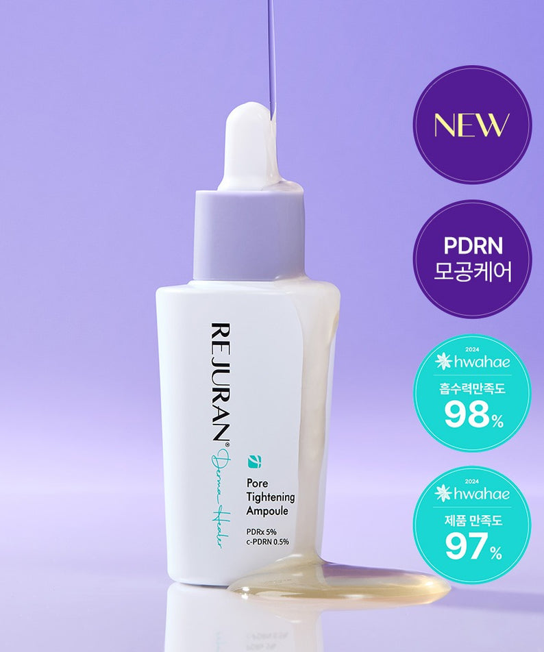 Flacon de REJURAN Derma Healer Pore Tightening Ampoule 30ml avec bouchon violet, fond violet et texte marketing coréen.